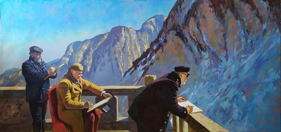 "В горах Хуашань" (академики Александр Беглов, Петр Стронский, Вячеслав Желваков, на этюдах) 