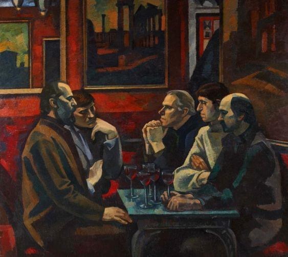 "В кафе Греко. Гелий Коржев, Петр Оссовский, Ефрем Зверьков, Дмитрий Жилинский, Виктор Иванов."